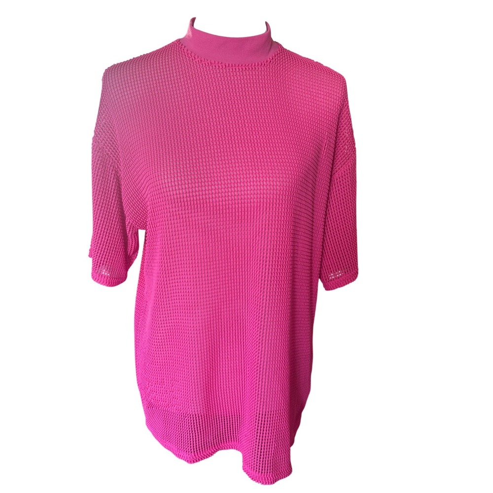 ASOS Womens Neon Pink Mesh Mock Neck Oversized T-Shirt Short Sleeve Size US 6